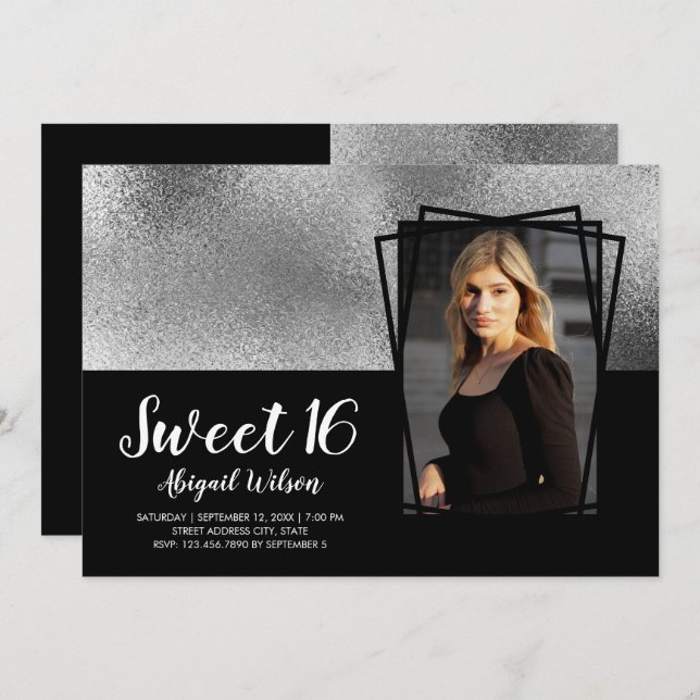 Eleganter, moderner Silberschwarz 16 . Geburtstag  Einladung (Vorne/Hinten)
