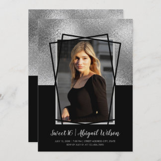 Eleganter, moderner Silberschwarz 16 . Geburtstag  Einladung