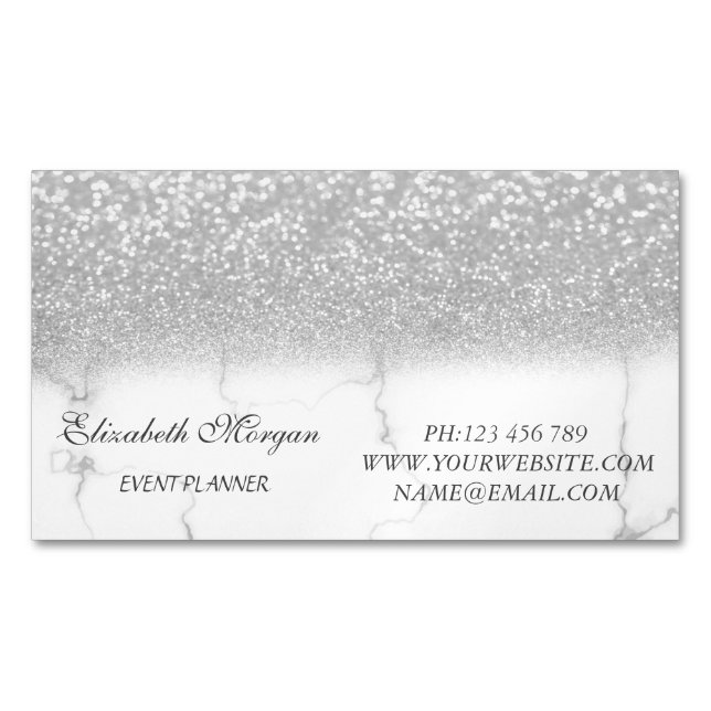 Eleganter, moderner Silver Glitzer Marmor Magnetische Visitenkarte (Vorderseite)
