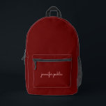 Eleganter moderner Skriptname Dunkelrote Farbe Bedruckter Rucksack<br><div class="desc">Moderne und moderne Niedliche Vorlage Hochladen von Bild-Foto-Bild oder Business-Logo mit kalligrafischem Skriptnamen oder dunkelroten Farbzubehör / Taschen & Wallets / Rucksack.</div>