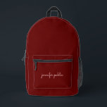 Eleganter moderner Skriptname Dunkelrote Farbe Bedruckter Rucksack<br><div class="desc">Moderne und moderne Niedliche Vorlage Hochladen von Bild-Foto-Bild oder Business-Logo mit kalligrafischem Skriptnamen oder dunkelroten Farbzubehör / Taschen & Wallets / Rucksack.</div>