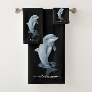 Eleganter moderner süßer Delfin & Schrift auf Schw Badhandtuch Set