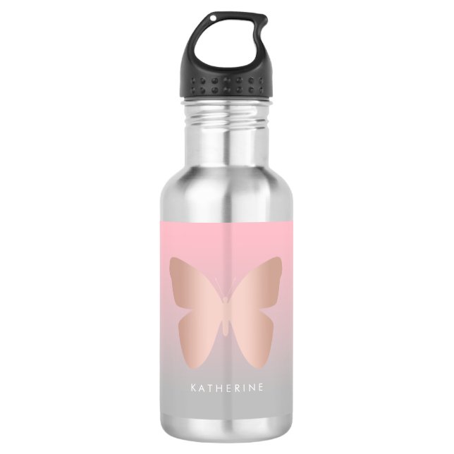 Eleganter moderner trendy Rosengoldschmetterling Edelstahlflasche (Vorderseite)
