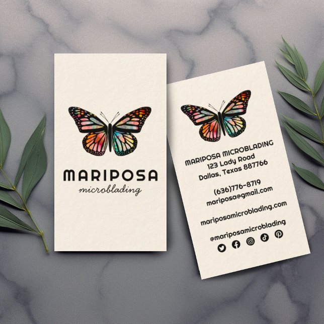Eleganter Monarch Butterfly Schönheitssalon Visitenkarte (Beautiful watercolor butterflies decorate these custom business cards with social media icons)