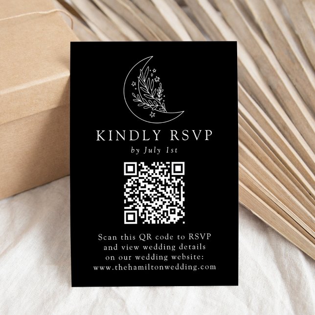Eleganter Mond und Stars Black QR Code Hochzeit RSVP Karte (Von Creator hochgeladen)