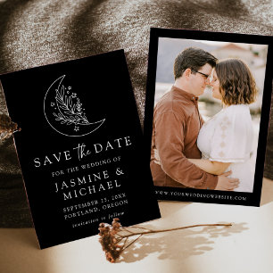 Eleganter Mond und Sterne Schwarz-Weiß-Foto Save The Date