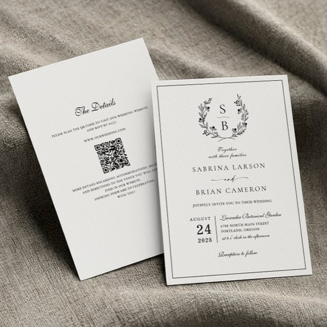 Eleganter Monogram Botanical Wreath QR Code Hochze Einladung (Von Creator hochgeladen)