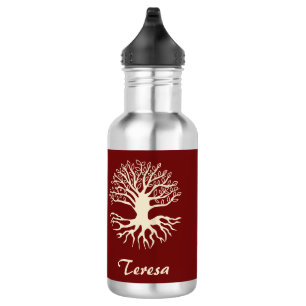 Eleganter Monogram Cream Tree of Life on Burgund Edelstahlflasche