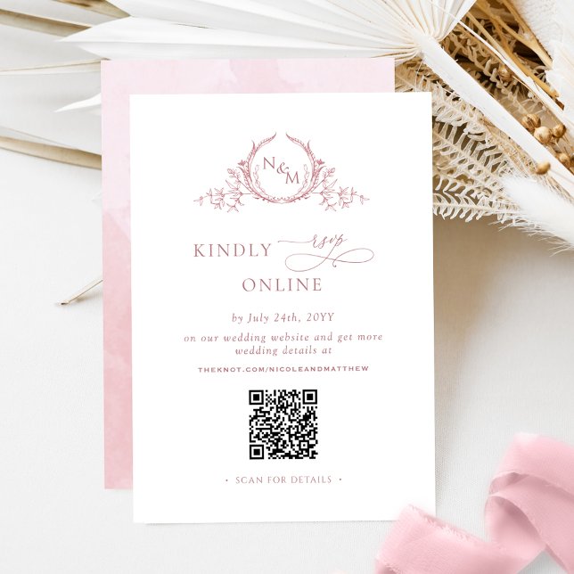 Eleganter Monogram Dusty Rose UAWG Online QR Code Begleitkarte (Von Creator hochgeladen)