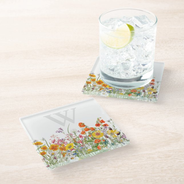 Eleganter Monogram Floral Glass Untersetzer (Schrägansicht)