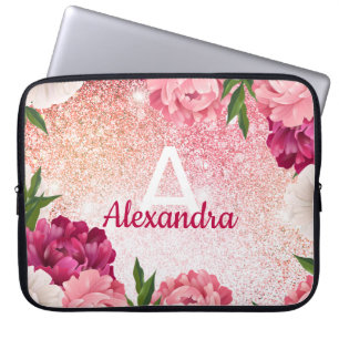 Eleganter Monogram Floral Glitzer Laptopschutzhülle