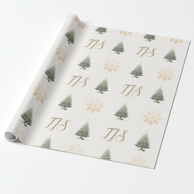 Eleganter Monogram Floral Snowflake Weihnachtsbaum Geschenkpapier (Ungerollt)