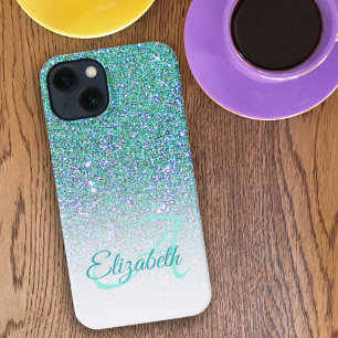 Eleganter Monogram Green Glitzer Ombre Vorname iPhone 13 Hülle