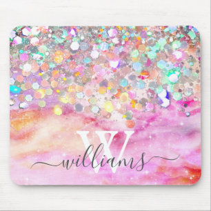 Eleganter Monogram Holographic Glitzer Pink Galaxy Mousepad