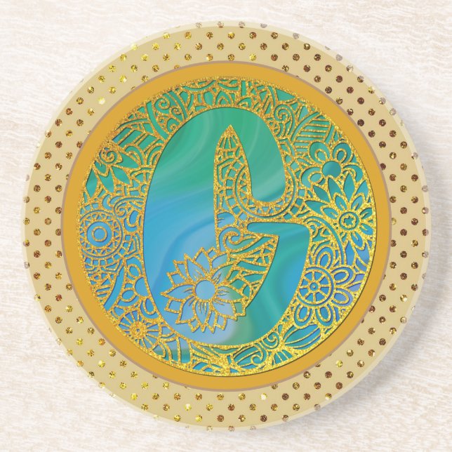 Eleganter Monogram Letters Turquoise & Gold Glitze Getränkeuntersetzer (Vorne)
