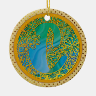 Eleganter Monogram Letters Turquoise & Gold Glitze Keramik Ornament