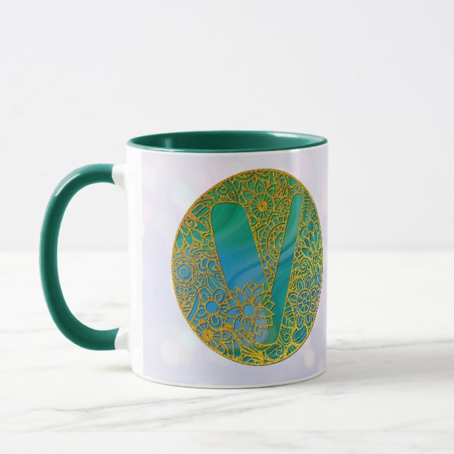 Eleganter Monogram Letters Turquoise & Gold Glitze Tasse (Links)