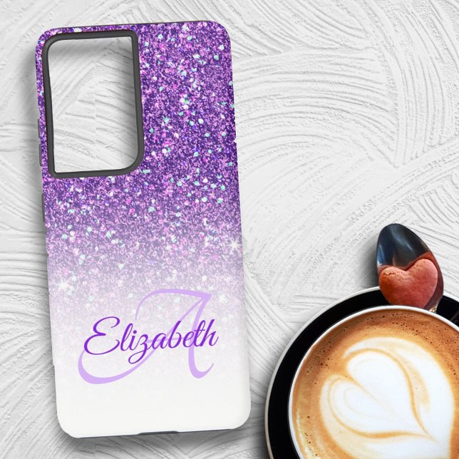 Eleganter Monogram Lila Glitzer Ombre Vorname Samsung Galaxy Hülle (custom phone case back design)