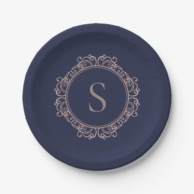 Eleganter Monogram Moderner klassischer Navy-Kupfe Pappteller (Vorderseite)