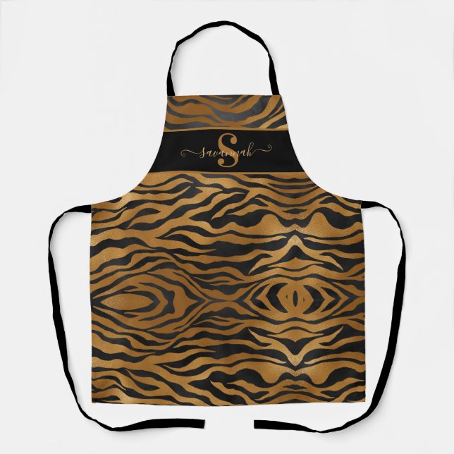 Eleganter Monogram Name Gold Black Leopard Ap Schürze (Vorderseite)
