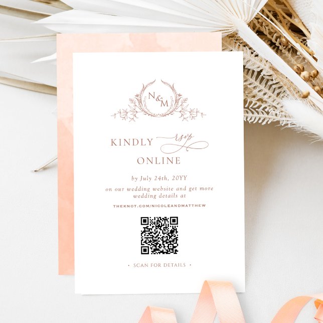 Eleganter Monogram Peach UAWG Online QR Code Begleitkarte (Von Creator hochgeladen)