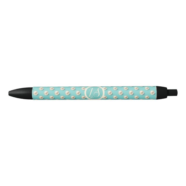 Eleganter Monogram Pen mit Aquamariner Perlgestalt Kugelschreiber (Vorderseite)