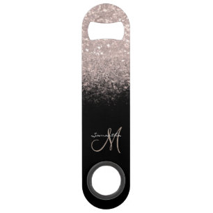 Eleganter Monogram Rose Gold Glitzer & Black Bar K Speed Flaschenöffner