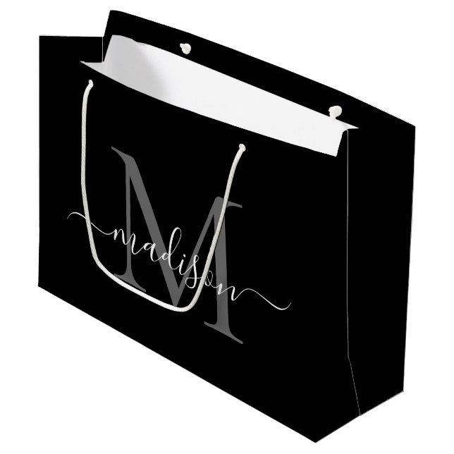 Eleganter Monogram-Schwarz-weißer Elegant-Skriptna Große Geschenktüte (Vorderseite Schrägansicht)