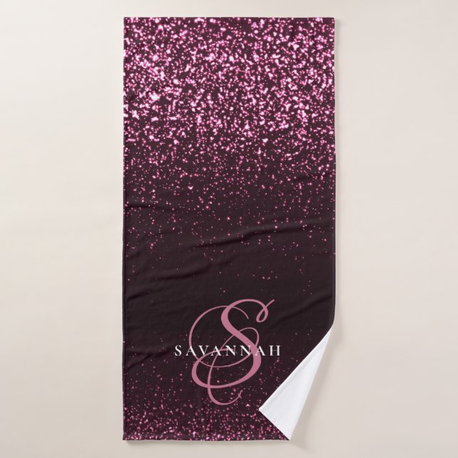 Eleganter Monogram Script Stilvoller Pink-Glitzer Badehandtuch (Badehandtuch)