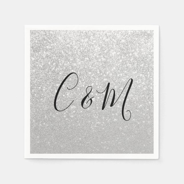 Eleganter Monogram Silver Glitzer Wedding Napkins Serviette (Vorderseite)