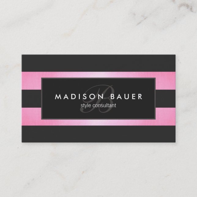 Eleganter Monogram Streifen Schwarz/Rosa Salon Visitenkarte (Vorderseite)