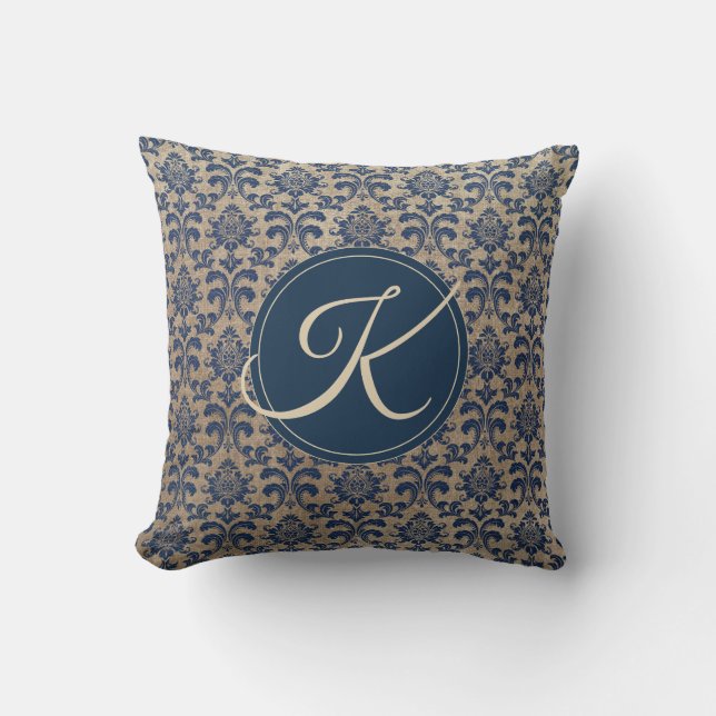 Eleganter Monogram Tan und Blue Damask Kissen (Vorderseite)
