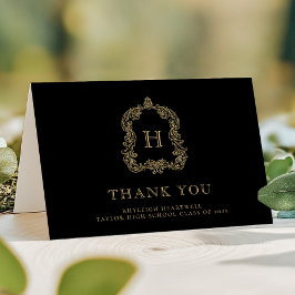 Eleganter Monogram Wappen Black Gold Abschluss Dankeskarte