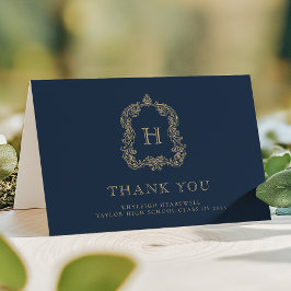 Eleganter Monogram Wappen Navy Blue Gold Abschluss Dankeskarte