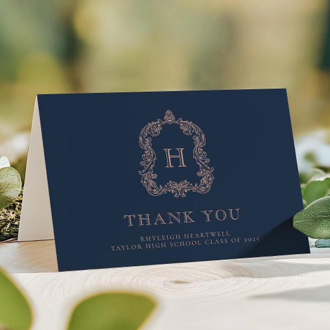 Eleganter Monogram Wappen Navy Blue Rose Abschluss Dankeskarte (Von Creator hochgeladen)