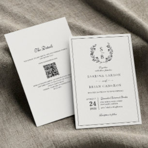 Eleganter Monogramm Botanischer Kranz QR-Code Hoch Einladung