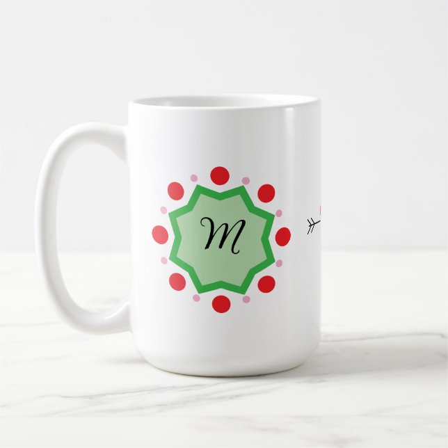 Eleganter Monogramm-Buchstabe M – Grünes Emblem mi Kaffeetasse (Links)
