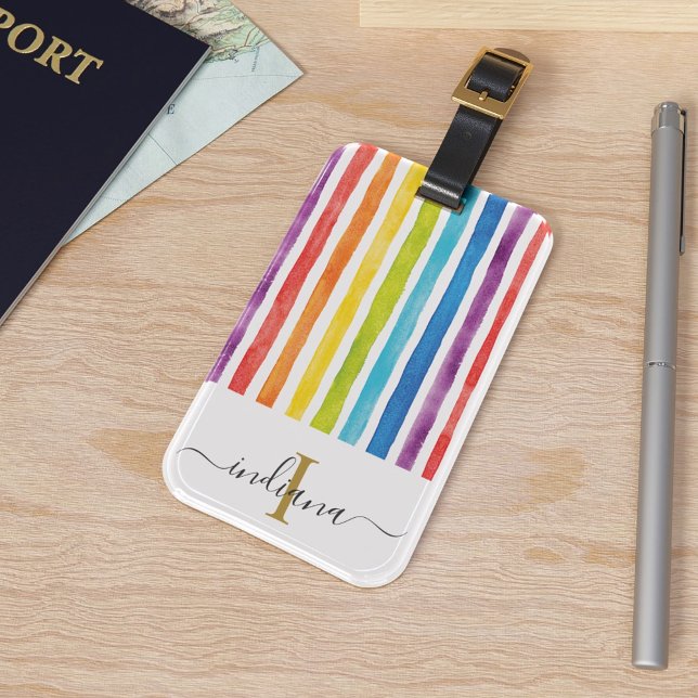 Eleganter Monogramm farbiger Wasserfarbenbogen Gepäckanhänger (Elegant Monogram Colorful Watercolor Rainbow Luggage Tag)