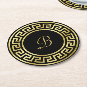 Eleganter Monogramm-GoldGlitzer-griechisches Runder Pappuntersetzer