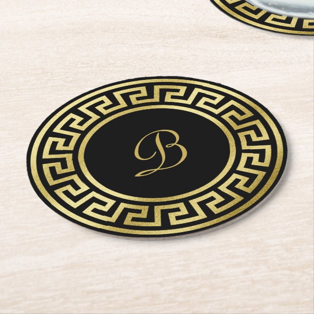 Eleganter Monogramm-GoldGlitzer-griechisches Runder Pappuntersetzer (Angewinkelt)