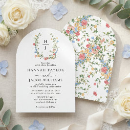 Eleganter Monogramm-Hochzeitsbogen mit Wildblumen Einladung