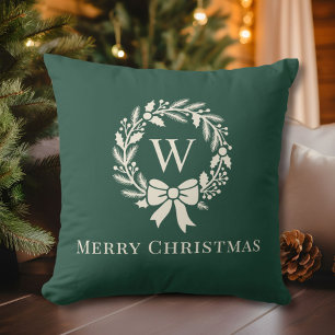 Eleganter Monogramm-Kranz Frohe Weihnachten Kissen