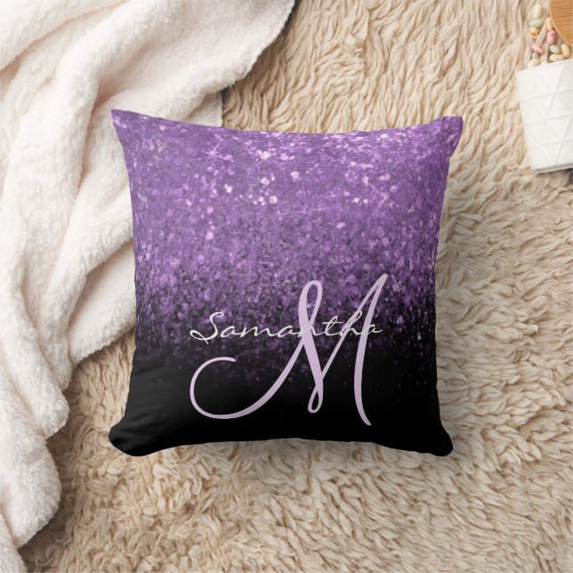 Eleganter Monogramm Lila Glitzer und Schwarz Kissen (Decke)
