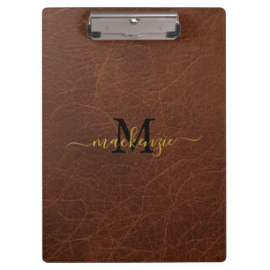 Eleganter Monogramm-Name-Braunleder-Stil Klemmbrett
