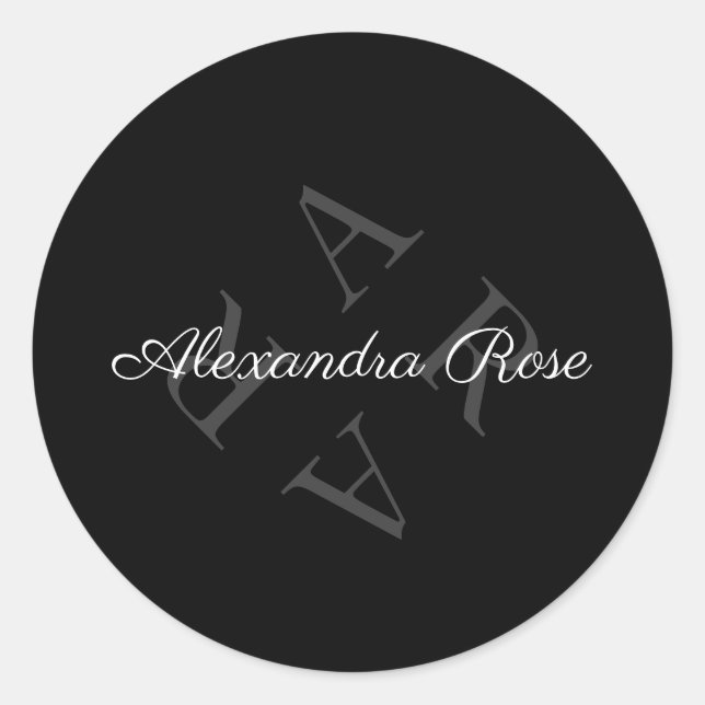 Eleganter Monogramm-Name Grau Schwarz Runder Aufkleber (Vorderseite)