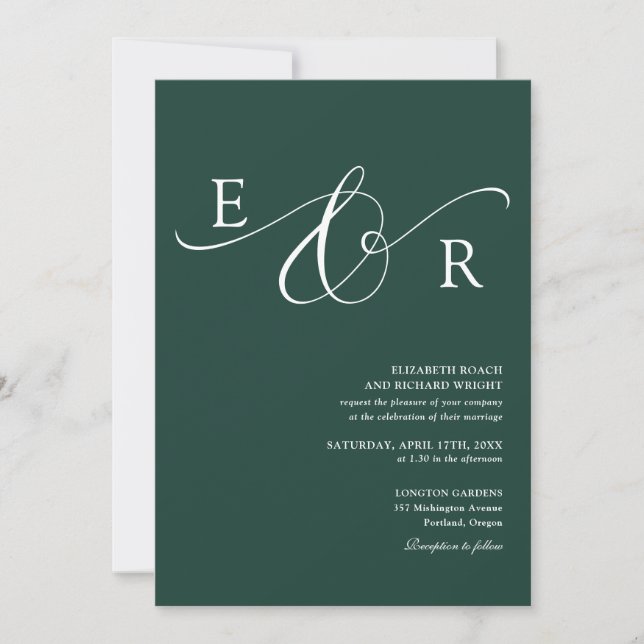 Eleganter Monogramm-QR-Code Smaragdgrüne Hochzeit Einladung (Vorderseite)