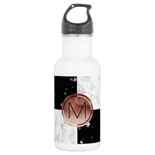 Eleganter monogramm Rose Gold Schwarz-weißer Marmo Edelstahlflasche