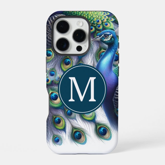 Eleganter monogrammierter Pfau iPhone Hülle (Rückseite)