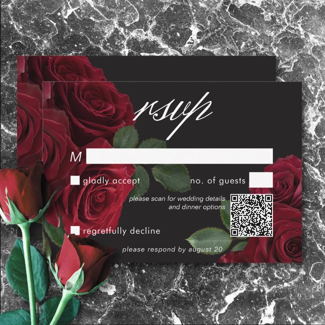 Eleganter Moody Blood Rote Rosen QR-Code RSVP Karte (Elegant Moody Blood Red Roses Floral QR Code RSVP Card)