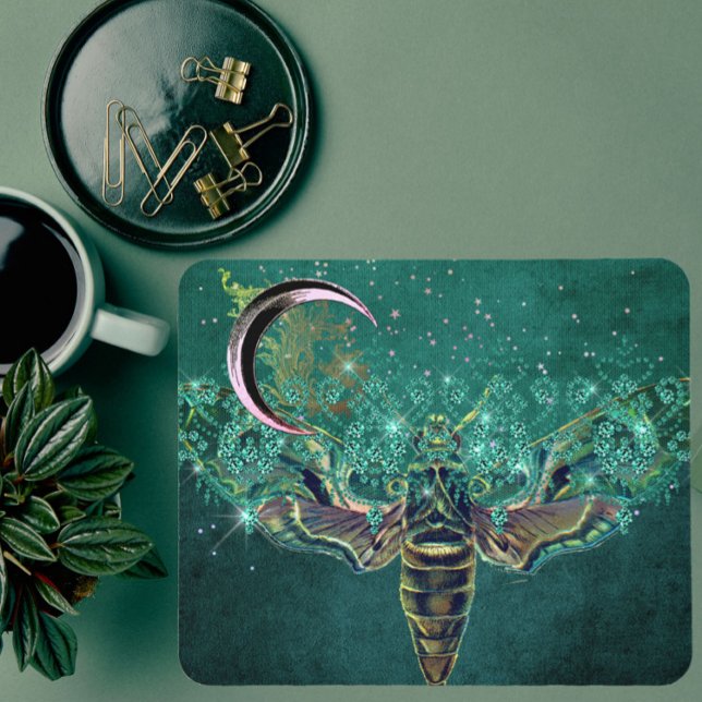 Eleganter Mottenmond smaragdgrüne Nacht Mousepad (Von Creator hochgeladen)